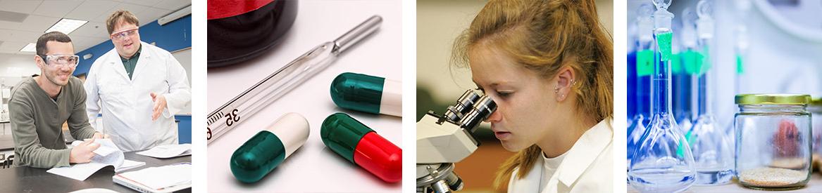 Chemical samples in jars, a student observing a sample in a microscope, medication and students in a lab.